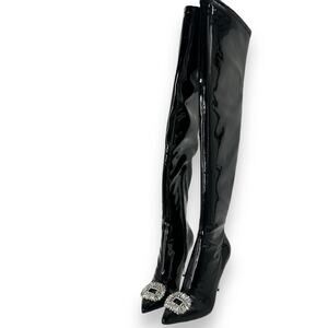 NEW INC International Concepts Patent Thigh High Stiletto Boots Size 7 Black